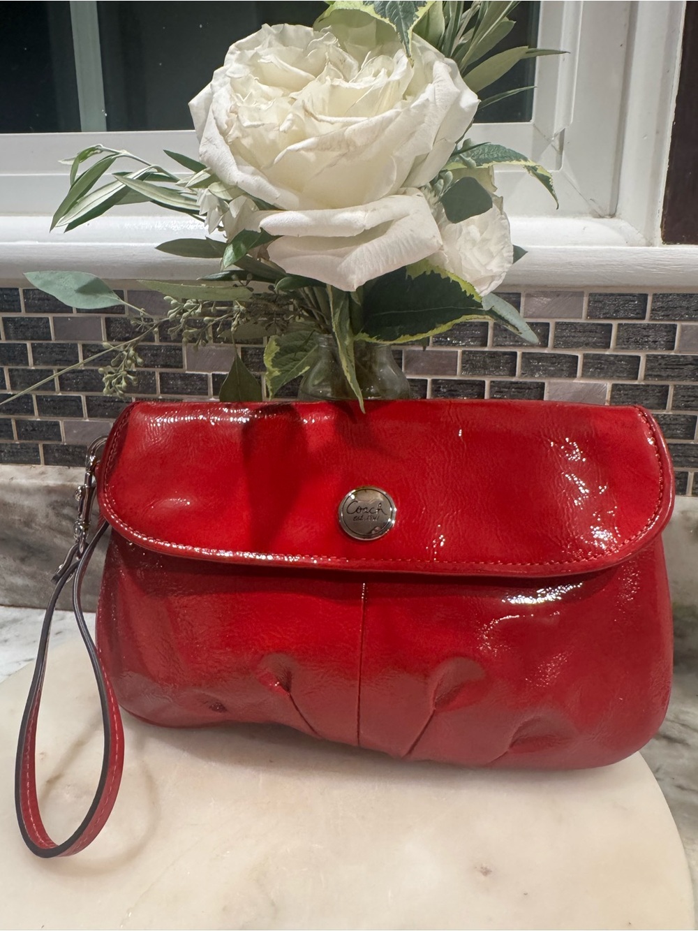 Coach Red Patent Leather XO Wristlet Clutch with Silver Tone Hardware Like NEW